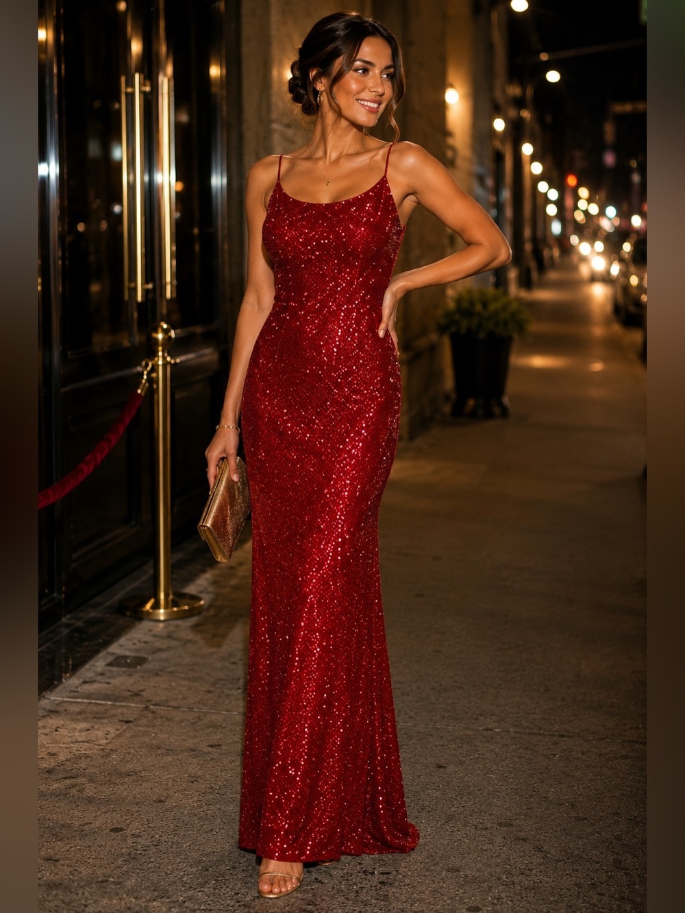 Heart & Soul Red Sequin Bodycon Gown Maxi Dress Spaghetti Strap Large